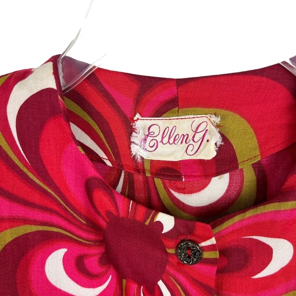 Vintage 70s Flower Power Red Mandarin Collar Half Sleeve Button Front Tunic M - Picture 4 of 5